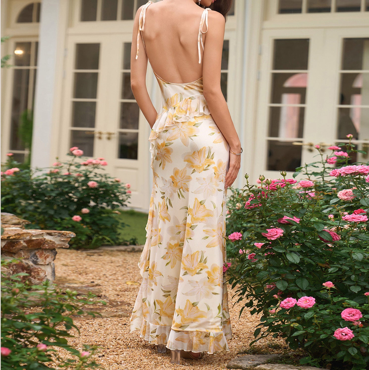 Mesh Camisole Dress Sexy Printed Backless Lace up High Slit Maxi Dress