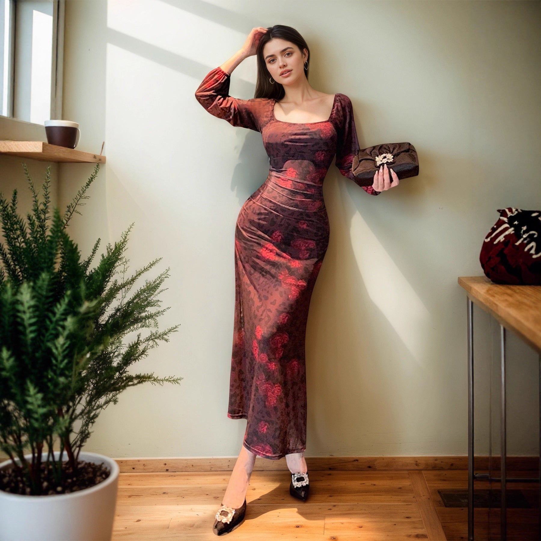 Women Clothing Tight Sexy Mesh Floral Print Square Collar Hip Maxi Dress