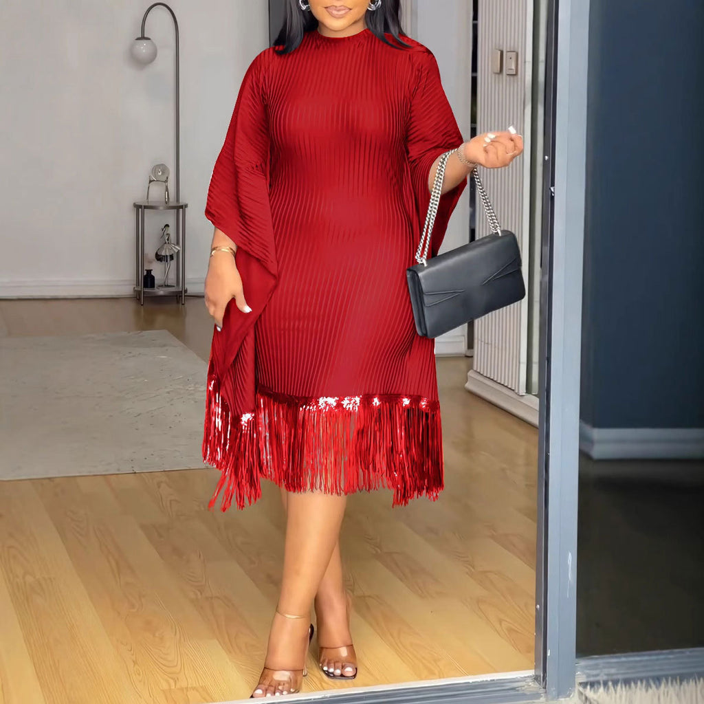 Vestido elástico con mangas murciélago y borlas de lentejuelas para mujer