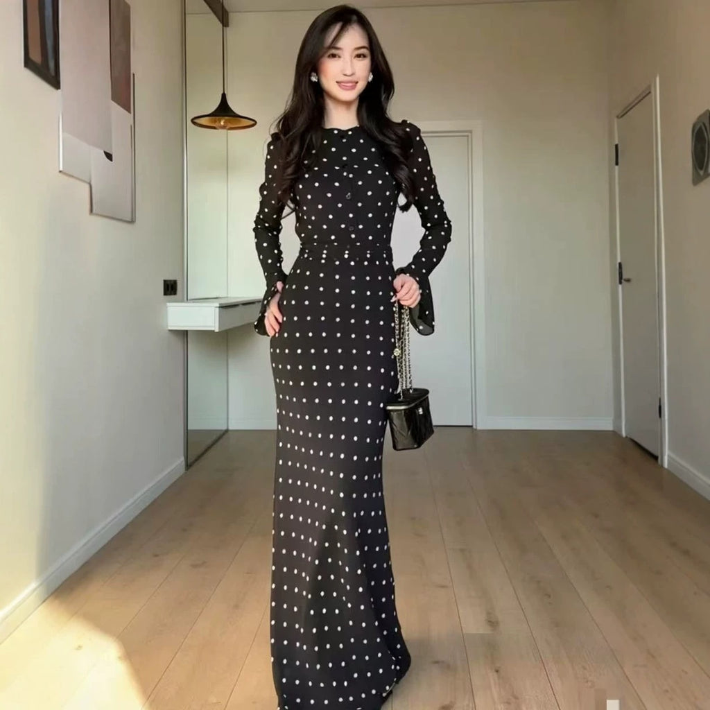 Spring Autumn Polka Dot Pattern round Neck Long Sleeve Flared Sleeves Graceful Fashionable Dress Women