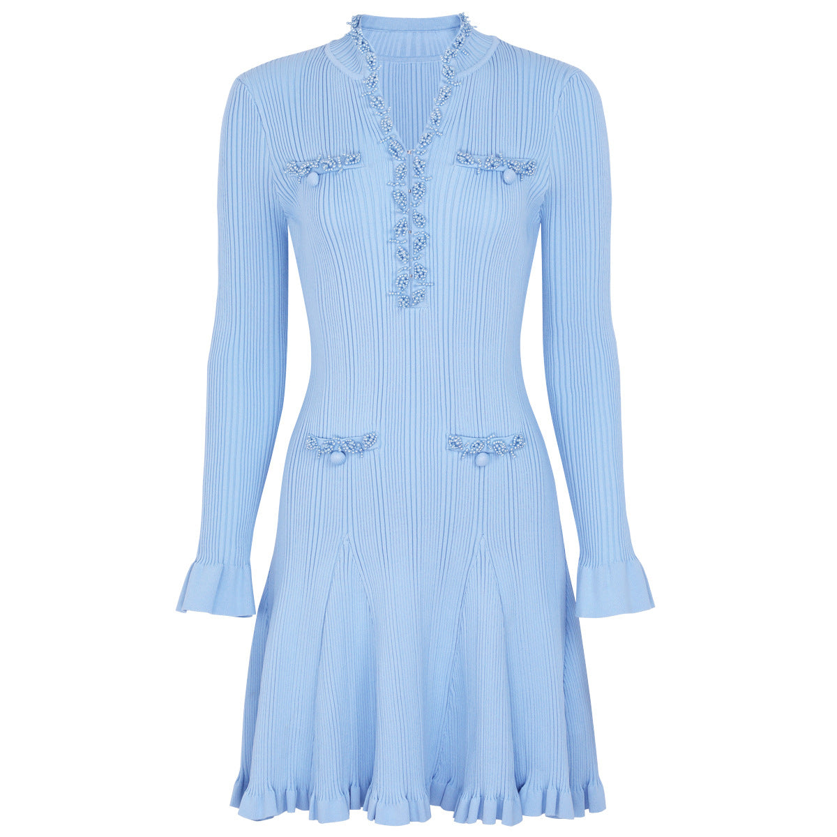 Vestido ajustado de manga larga con cuentas y tejido industrial de moda para primavera y otoño