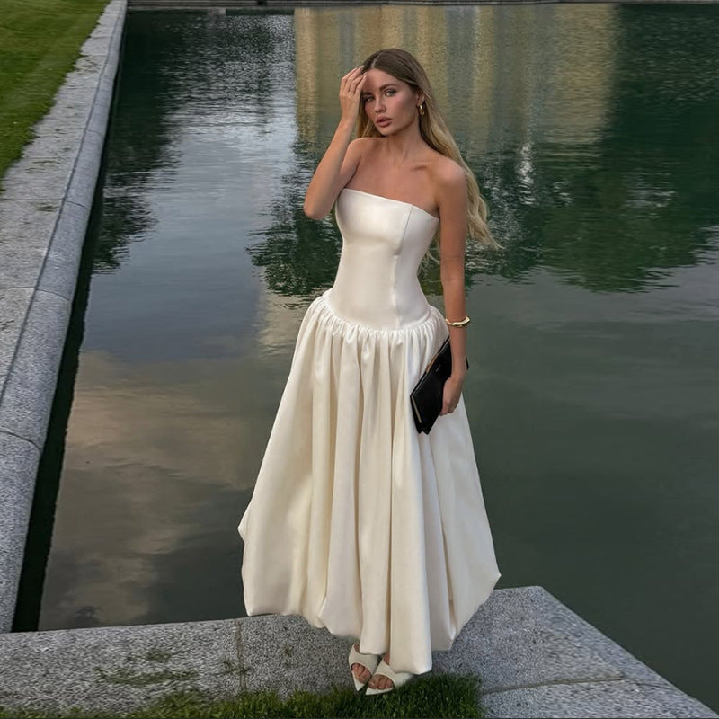 Sexy Tube Top Dress Elegant Sexy Hepburn off Shoulder Puffy Dress