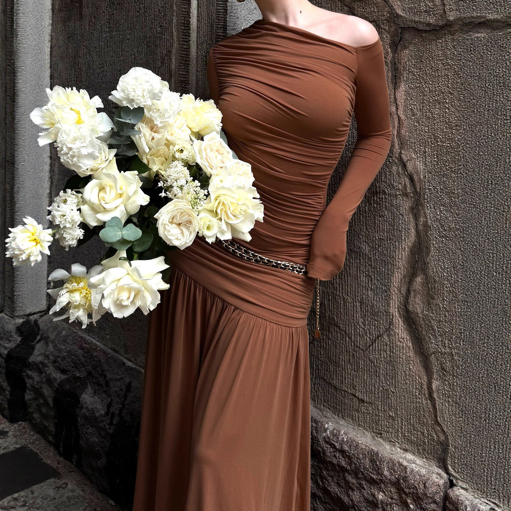 Women Clothing Autumn Solid Color One Shoulder Cold Shoulder Long Sleeve Stitching Dress
