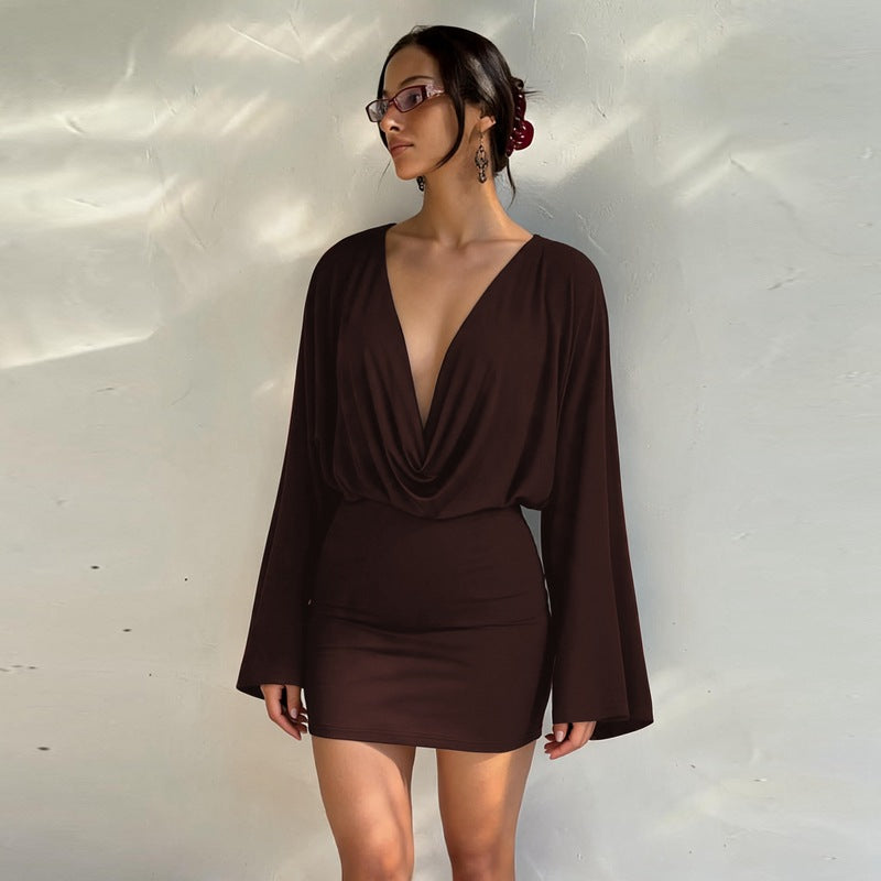 Women Sexy Low Cut Deep V Plunge neck Solid Color Long Sleeve Waist Slimming Sheath Dress