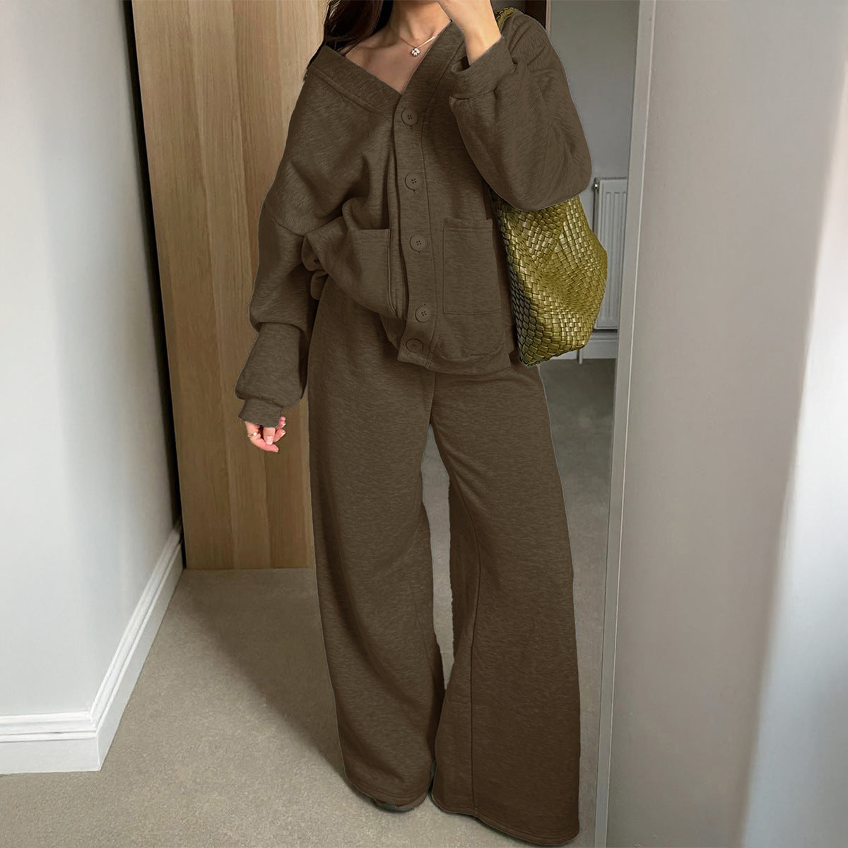 Women Clothing Autumn Winter Holiday All Matching Long Sleeve Coat Trousers Two Piece Set