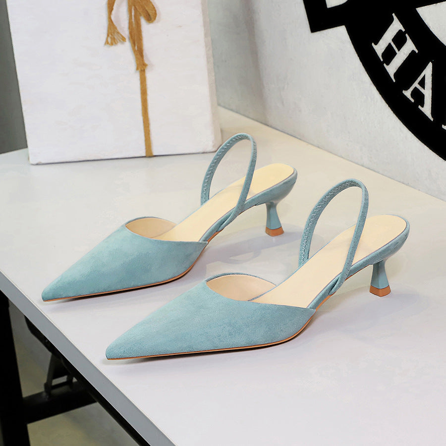 Cocktail Women Shoes High Grade Suede Pointed Toe Slingback Back Strap Middle Heel Fine Heel Sandals