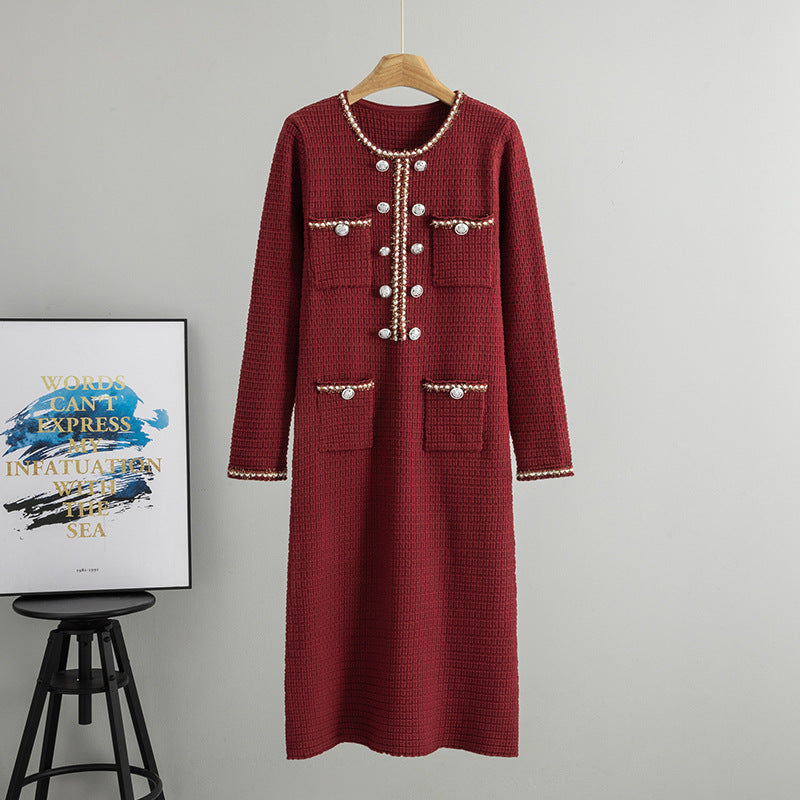 Robe longue slim en maille décorative à col rond et double boutonnage, style minoritaire français, printemps-automne