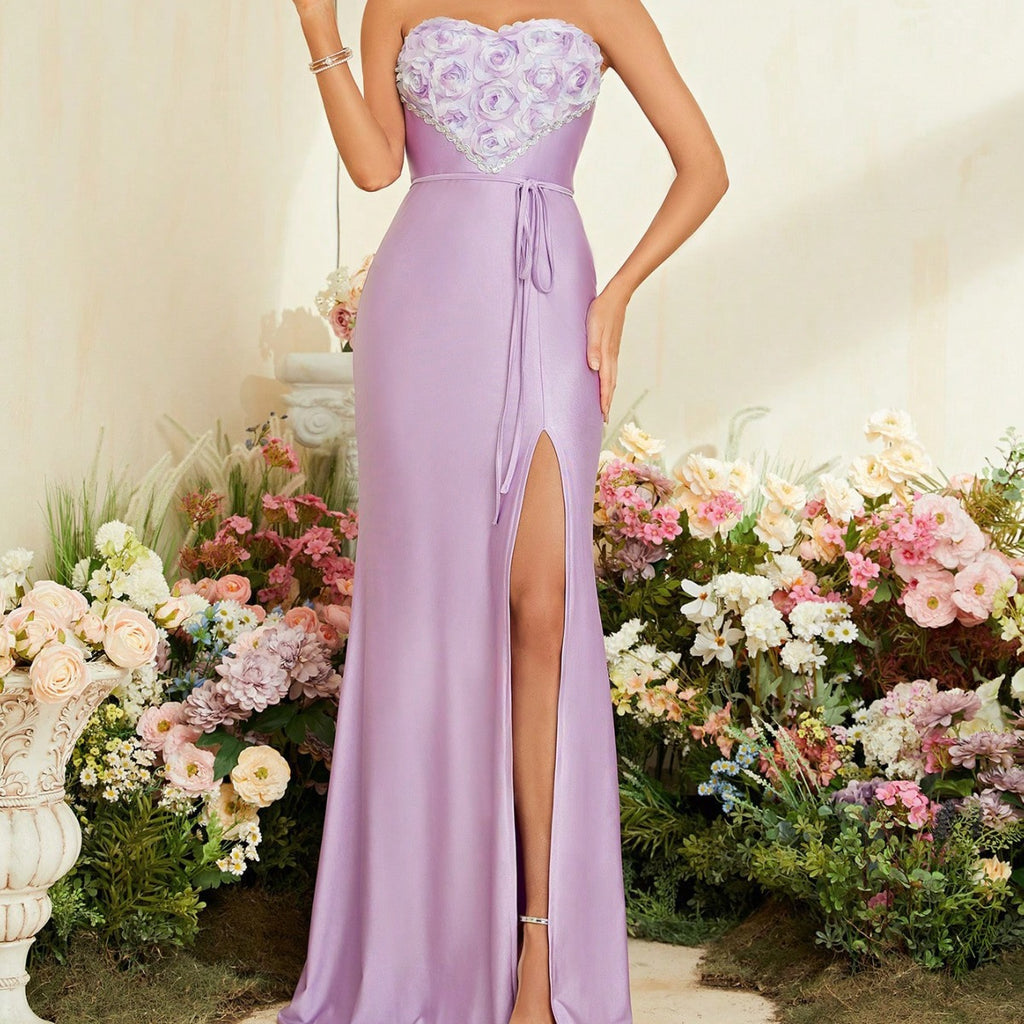 Vestido de noche elegante con top de tubo y bordado tridimensional de patchwork tejido con cola de pez y abertura en forma de A para verano