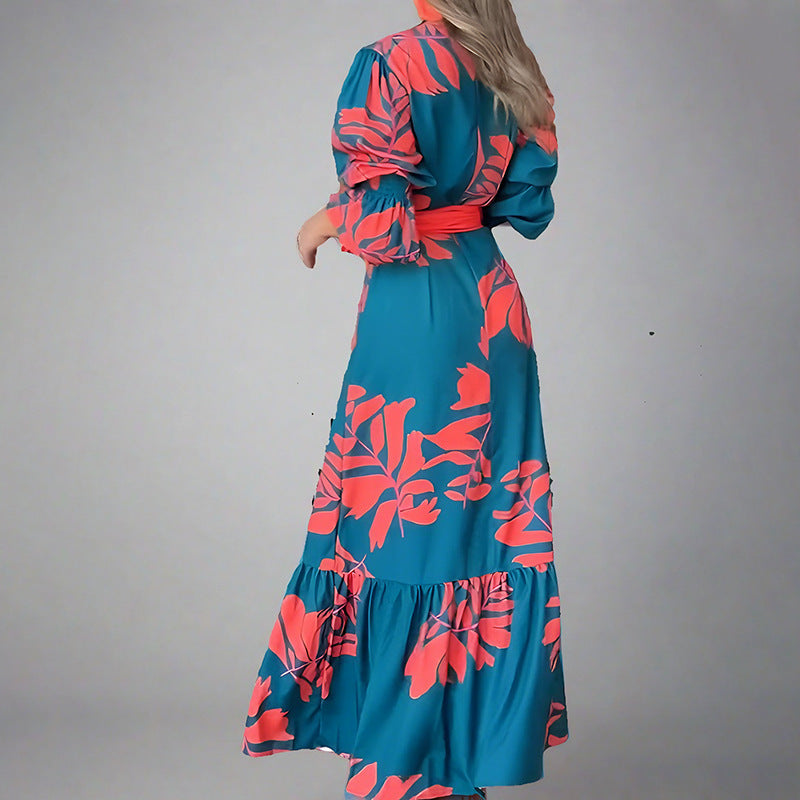 Women Clothing Elegant Printing Lace up Waist Bubble Long Sleeve Dress