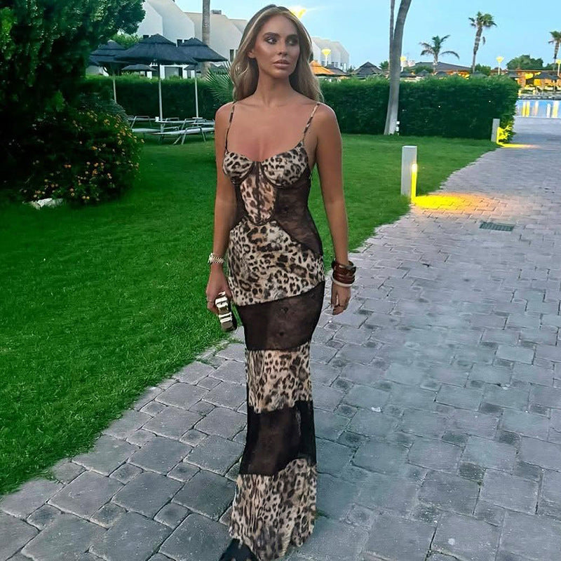 Vestido sexy transparente con tirantes y estampado de leopardo y encaje para mujer de primavera.