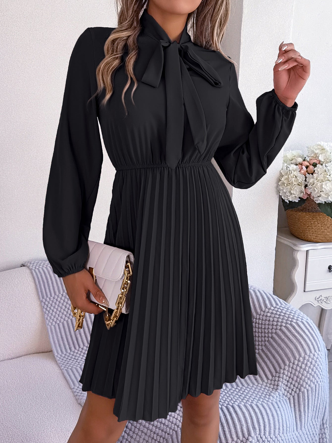 Autumn Winter Elegant Tied Waist Controlled Long Sleeves Pleated Dress Women Clothing