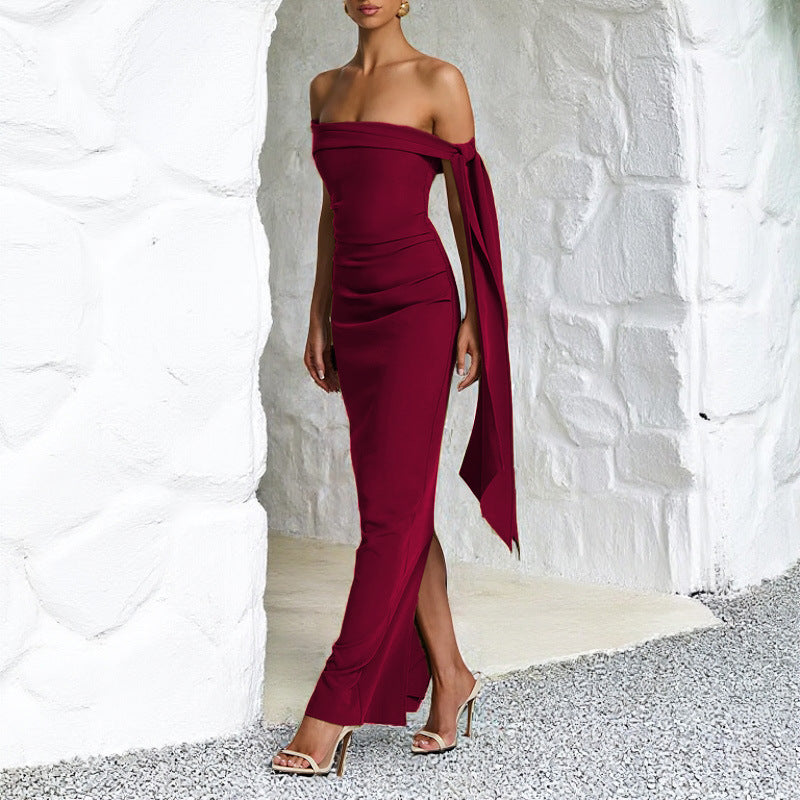Autumn Women Clothing Sexy Knitted Ribbon Tight off Shoulder Dress Long Dress