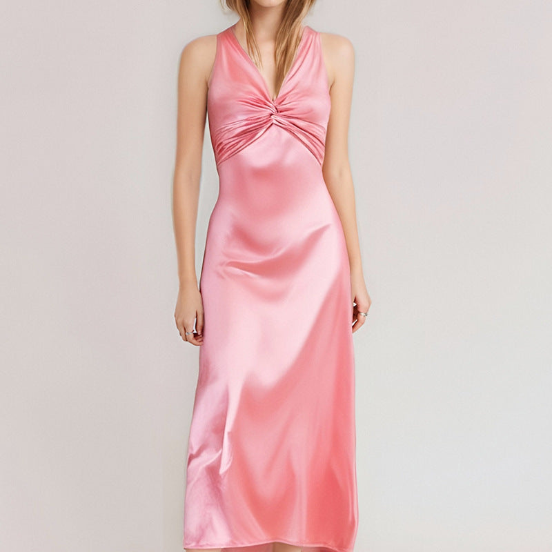 Spring Women Clothing Sexy V neck Pleated Slim Slimming Graceful Fashionable Dress