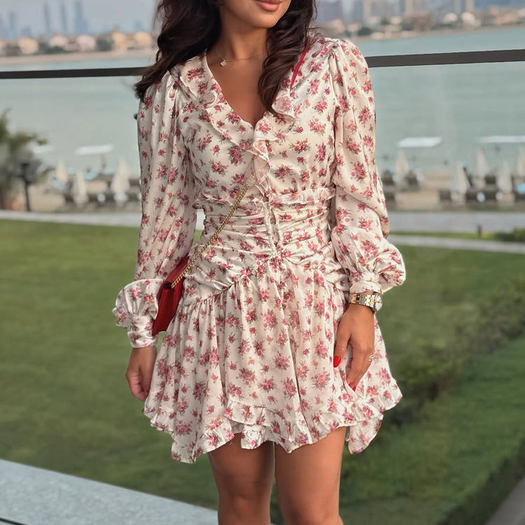 Women Clothing French Waist Dress Arrival V neck Long Sleeve Fold Floral A line Dress