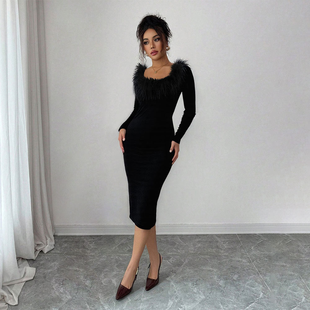 Black Plush Neckline Dress Women Fall Winter Slim Maxi Dress Side Slit Elegant Dinner Dress