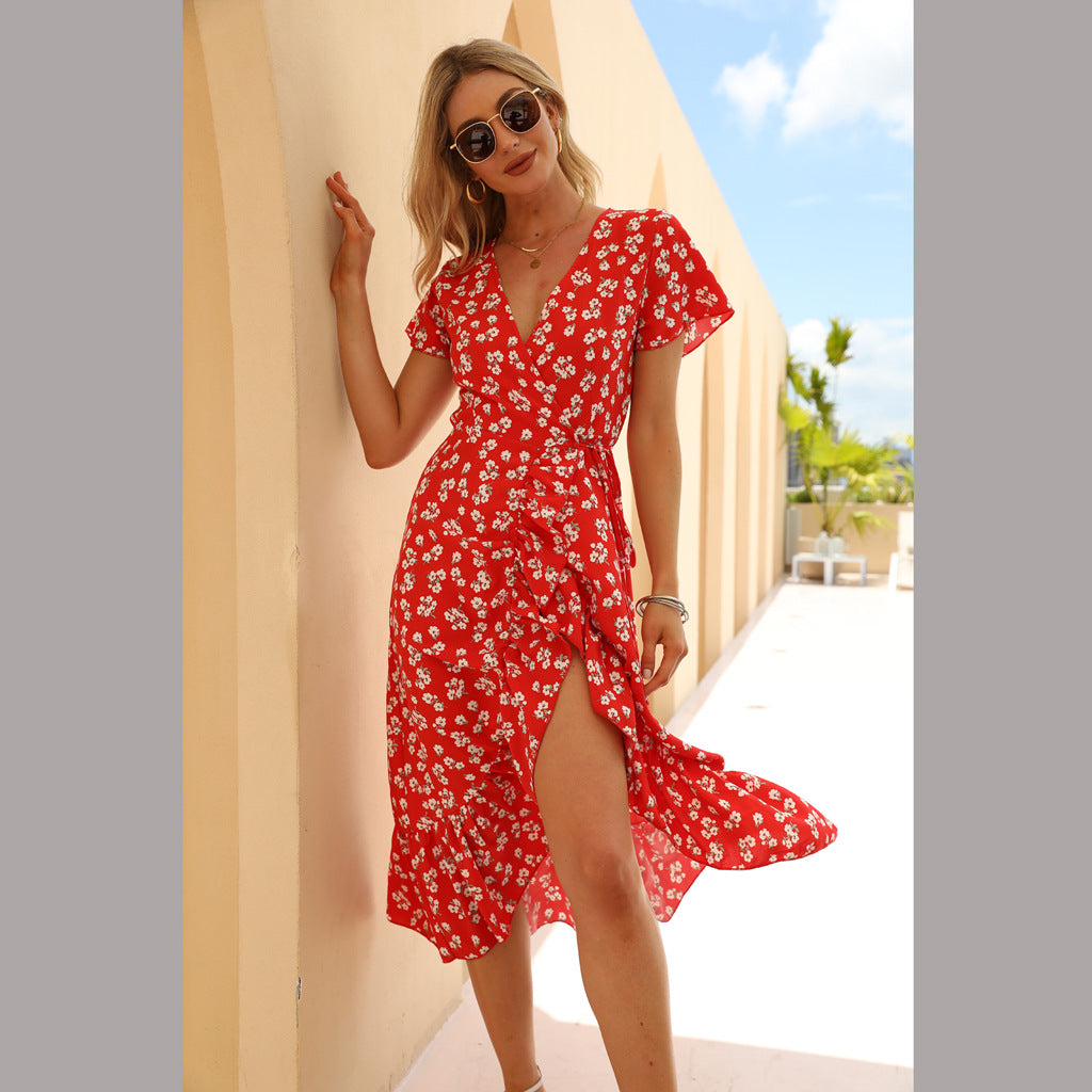 Summer Sexy Chiffon Printed V-neck Dress Ruffled Beach Dress
