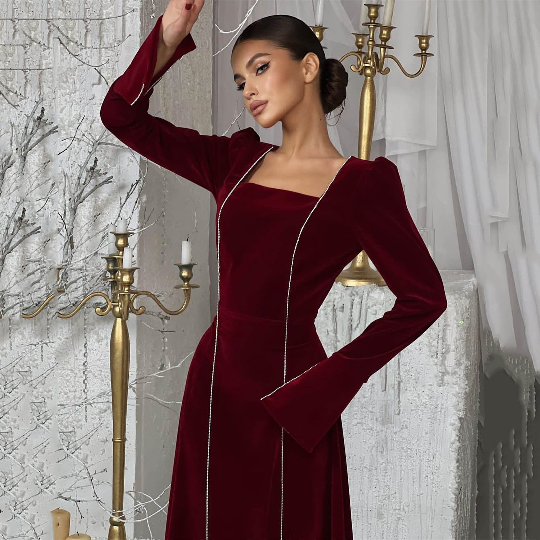Autumn Winter Party Dress French Ladies Dress Korean Velvet Bell Sleeve Square Collar A line Dress Women