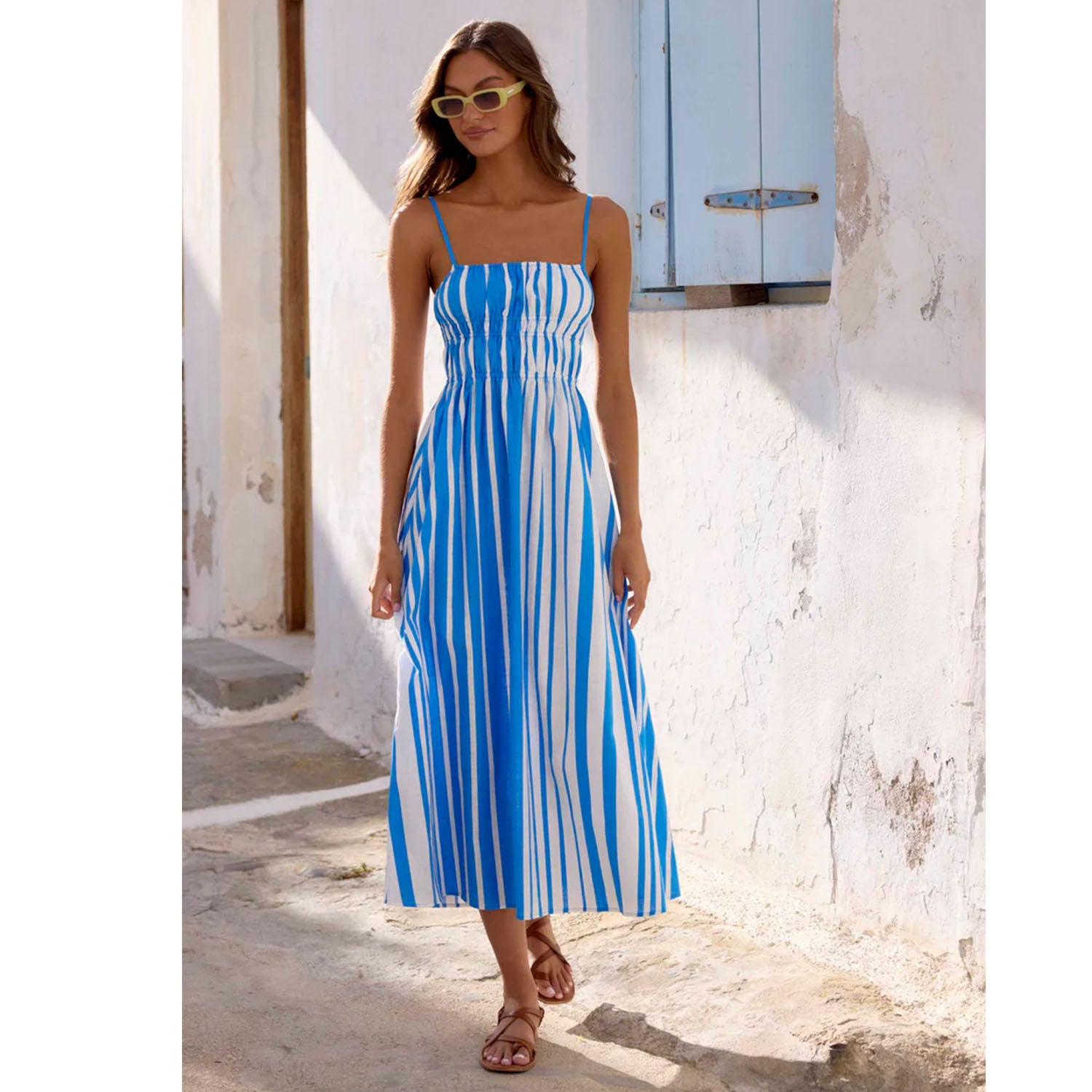 Spring Summer off Neck Striped Waist Trimming Printing Vacation Mid Length Dress