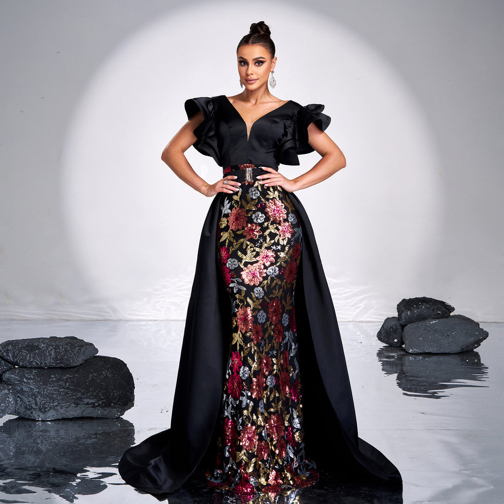 Robe de soirée sirène fourreau sans manches à col V et coupe ajustée, ornée de sequins, style cocktail, pour femme.