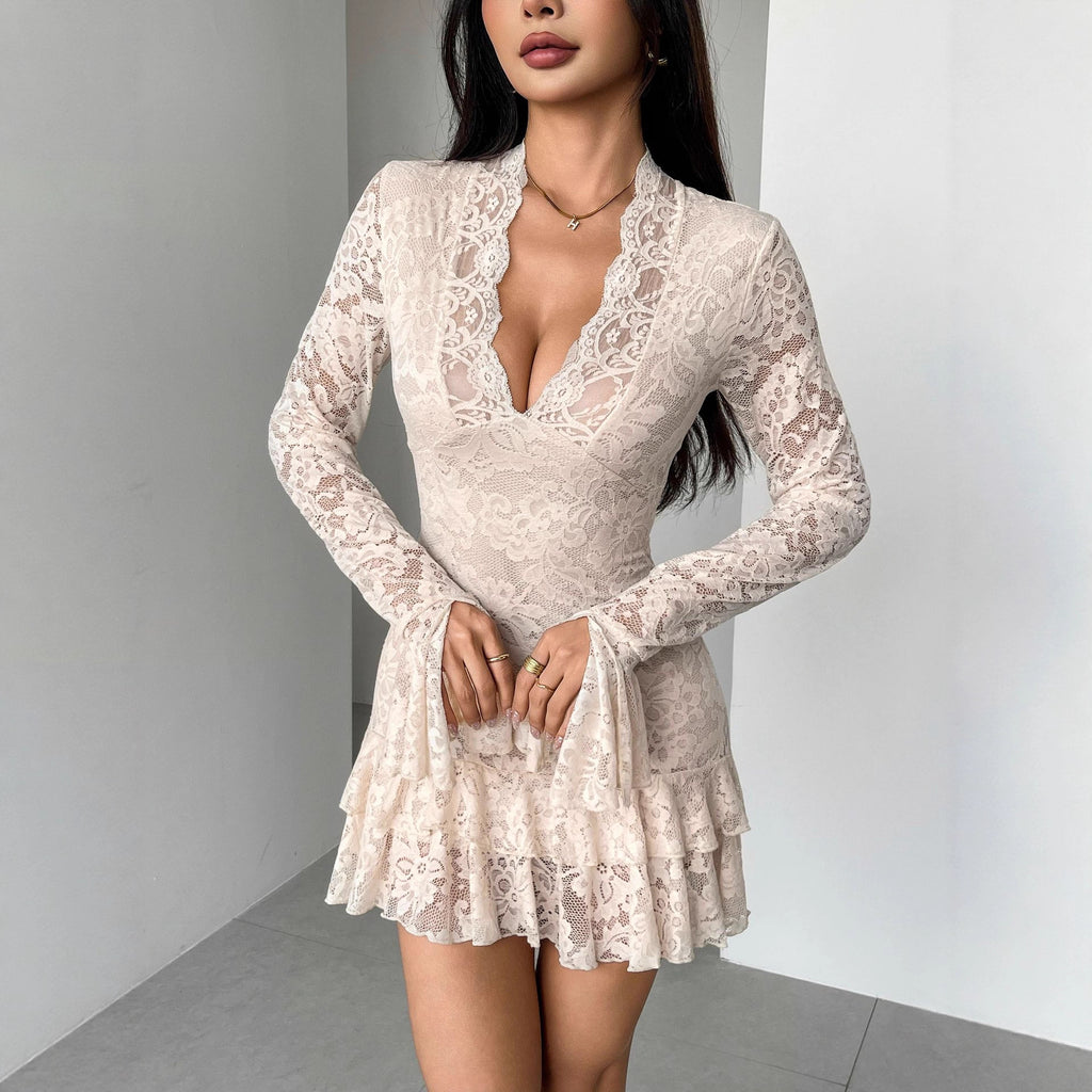 Robe fourreau moulante en dentelle à col en V et double épaisseur à volants, idéale pour l'automne et l'hiver
