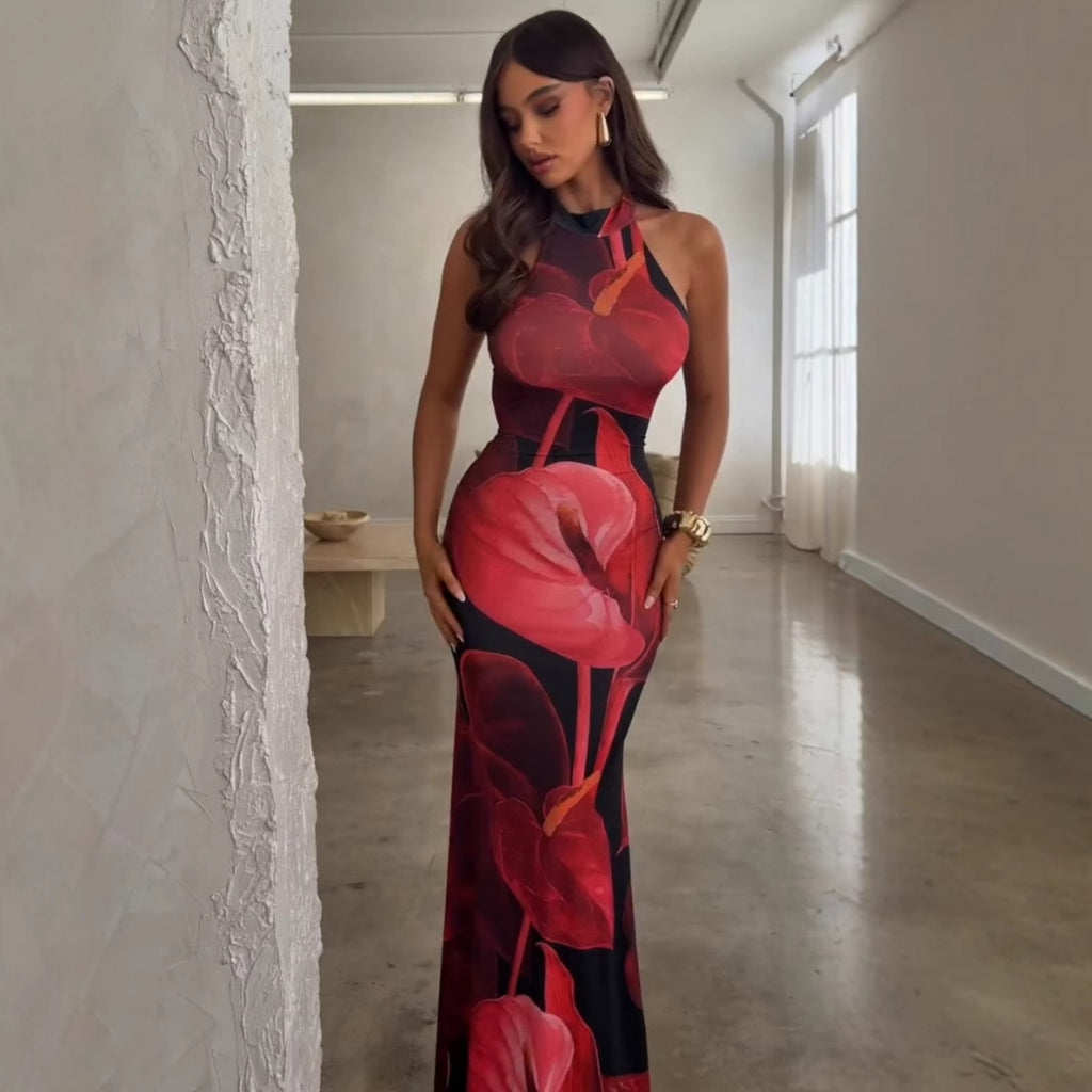 Robe d'été pour femme, imprimée sexy, dos nu, coupe slim, taille cintrée et poches arrière