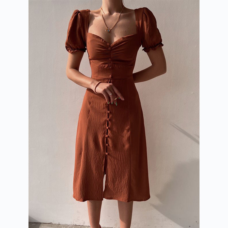 Spring Summer V-neck Single-Breasted Elegant Midi Dress