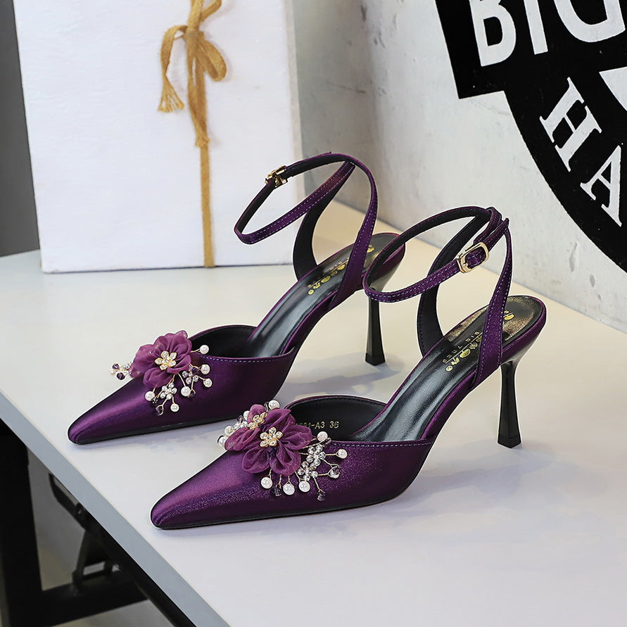 Pointed Toe Strap Sandals Stiletto Heel Floral Rhinestone Women Shoes Hollow Out Cutout Satin High Heels