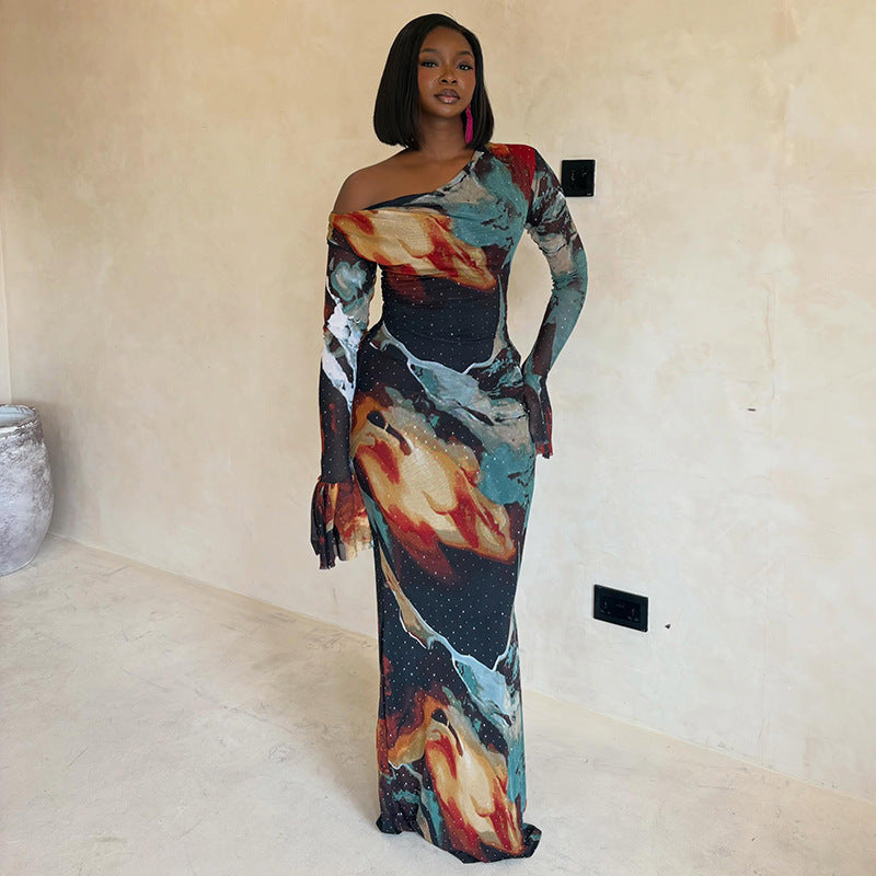 Printed Women Wear Street Elegant Asymmetry Hip Dress Diagonal Collar Shoulder Long Sleeve Dress
