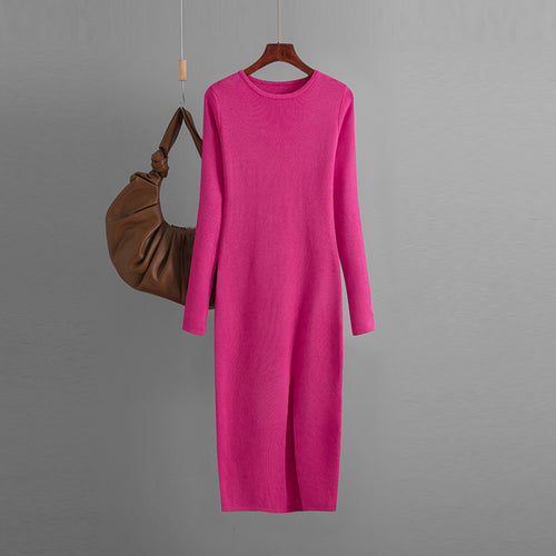 Vestido de punto ajustado para otoño e invierno, para mujer, ropa interior y exterior, largo medio, manga larga, ajustado a la cadera.