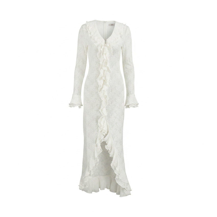 Fall Lace Knitted Stitching Dress Women V neck Slim Fit Polyester Cotton Long Sleeve Irregular Asymmetric Maxi Dress