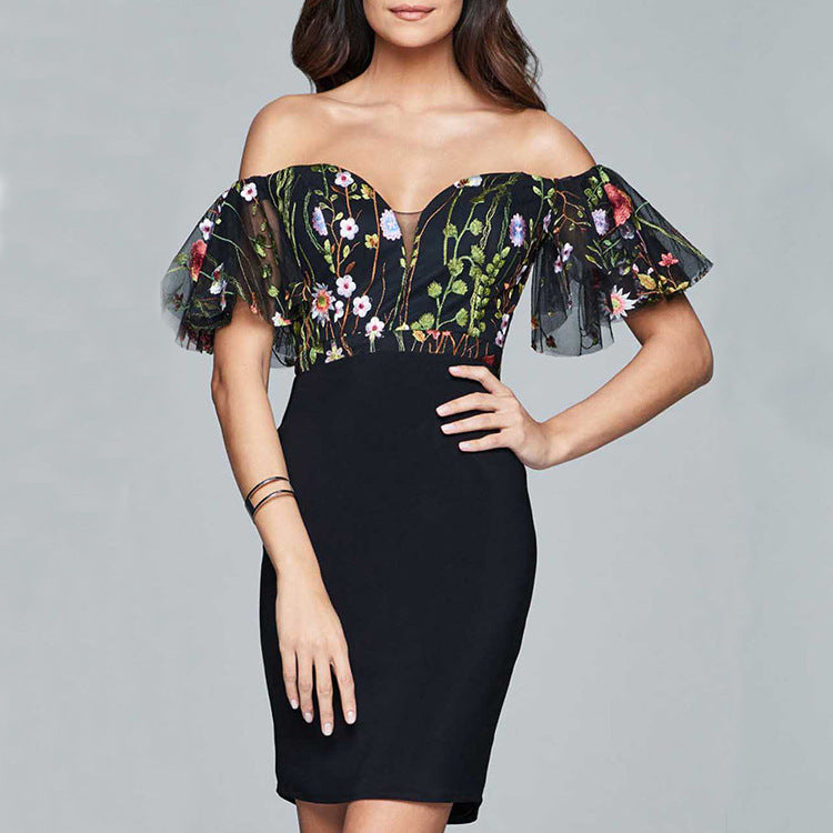 Vestido de mujer con bordado de malla y encaje sexy