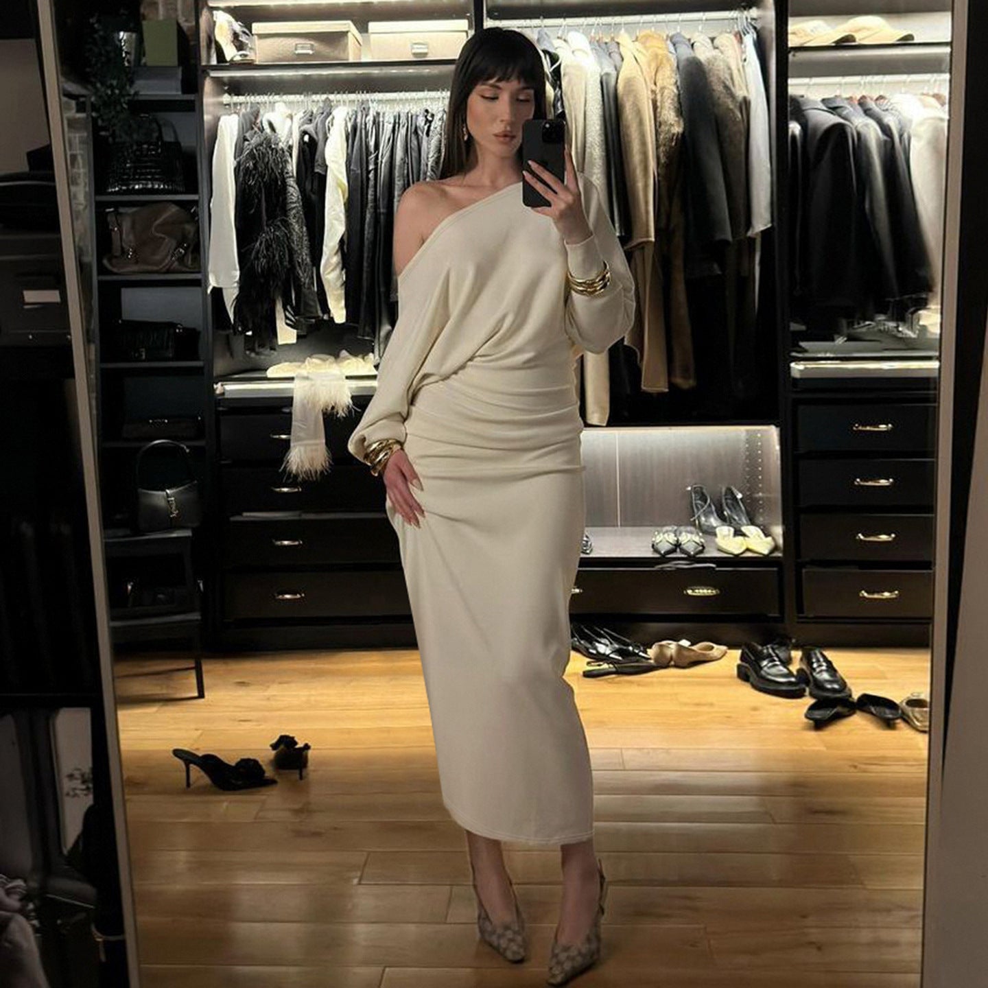 Autumn Winter Women Clothing Cross Shoulder Bag Hip Long Sleeve Dress Party Comfortable Keep Warm Solid Color Gentle Maxi Dress