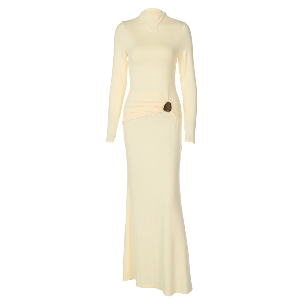 Robe sirène plissée à manches longues en daim uni couleur unie, collection automne.