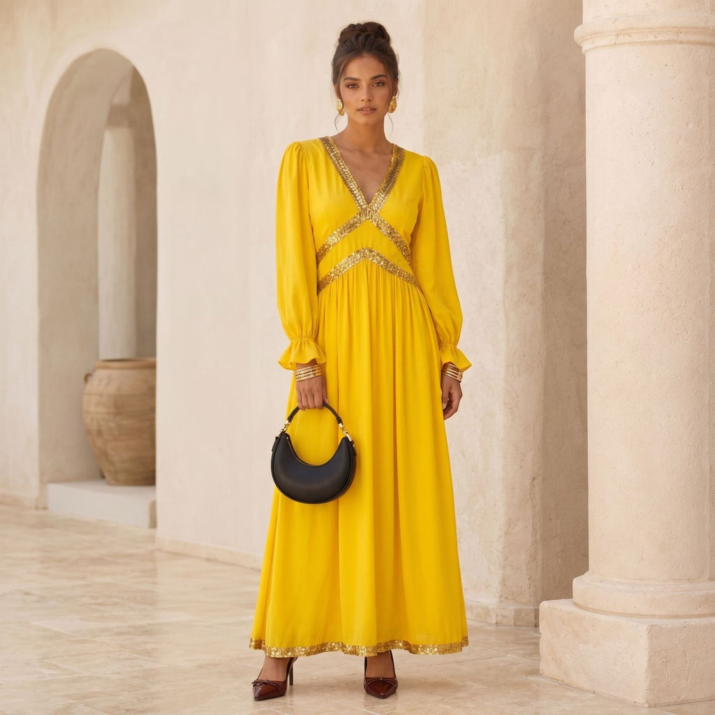 French Elegant V neck Long Sleeve Dress Women Sequined Waist Vacation Maxi Dress