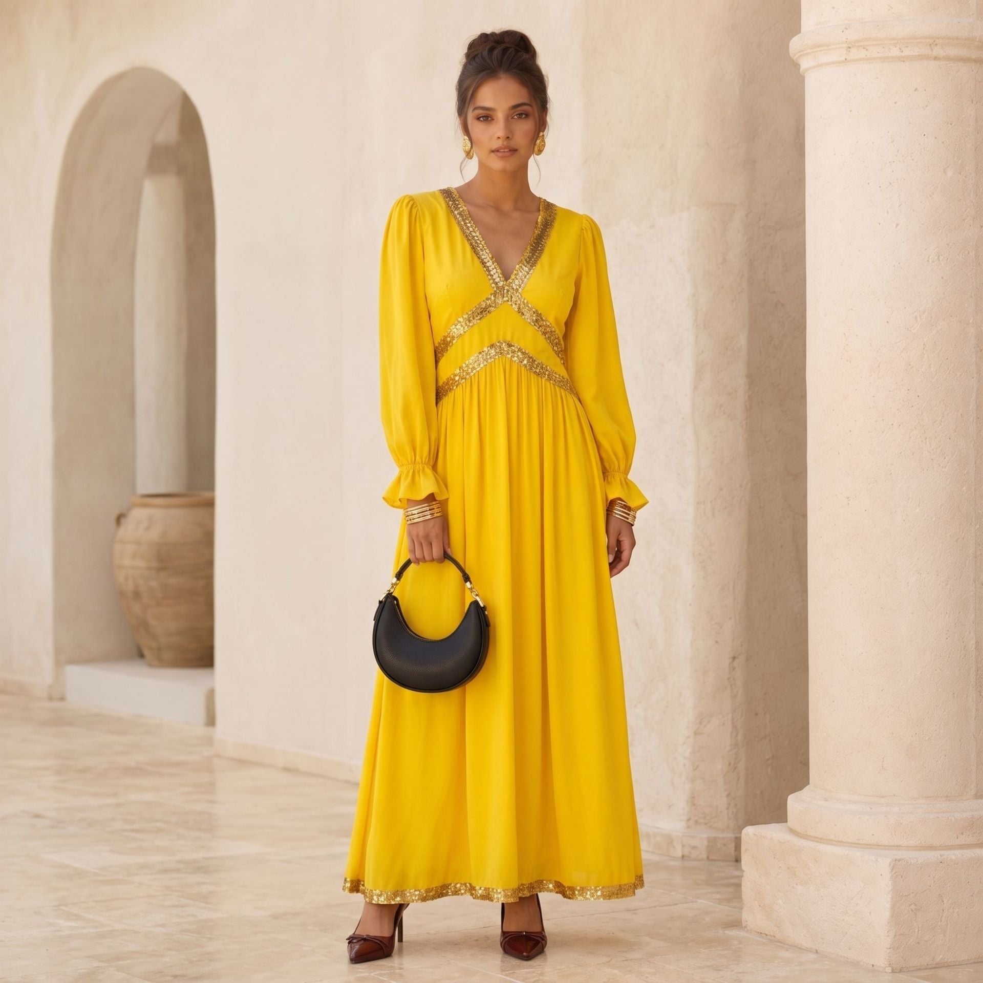 French Elegant V neck Long Sleeve Dress Women Sequined Waist Vacation Maxi Dress