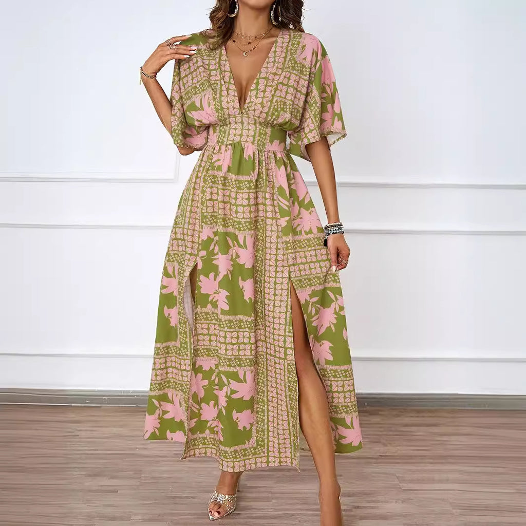 Vestido de verano sexy con escote en V, manga corta y cintura ajustada para mujer