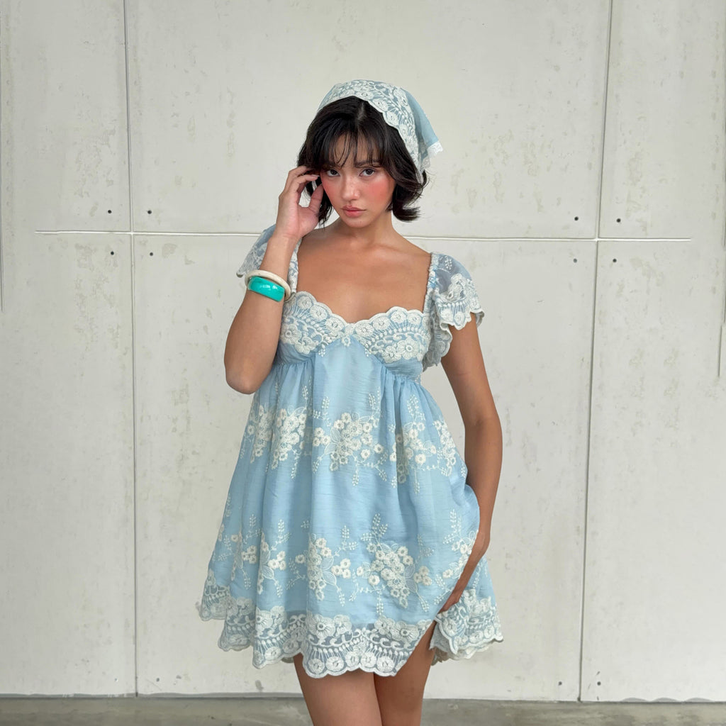 Women Clothing Summer Lace Embroidered Loose Puff Sleeves Sweet Elegance Dress
