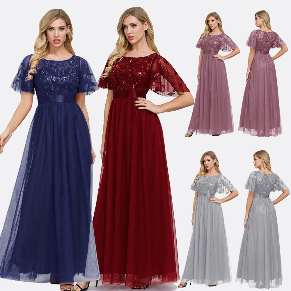 Autumn Stretch Waist Patchwork round Neck Party Big a Swing Evening Dress for Women