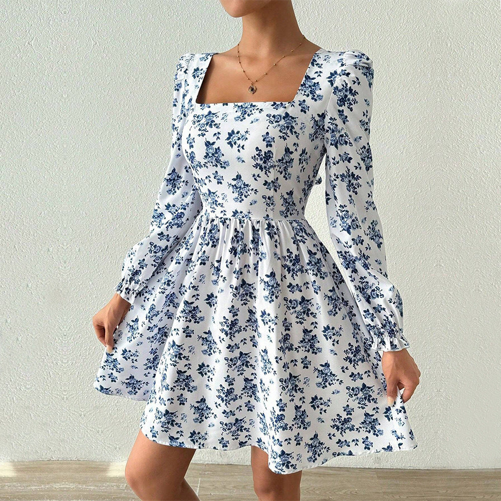 Robe élégante à col carré français pour femme, automne-hiver, taille haute, dos nu, laçage floral.