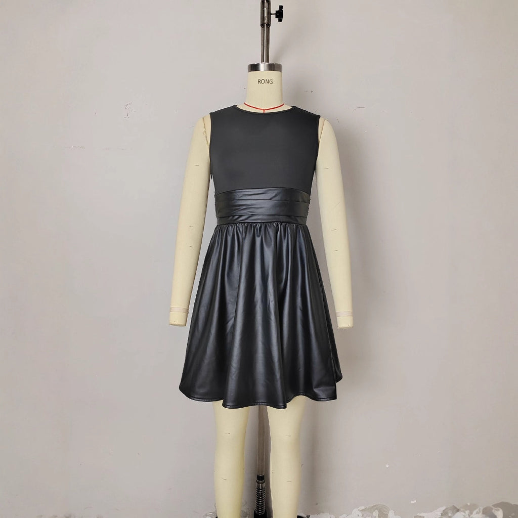 Graceful Fashionable Sleeveless round Collar Design Leather Stitching Dress