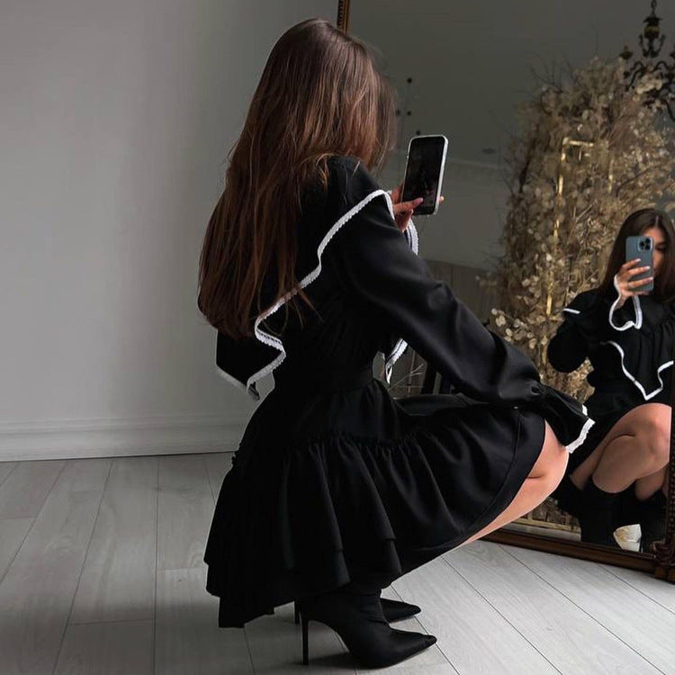 Autumn Bell Sleeve Ruffled Dress for Women Dignified Sense of Design Black Dress