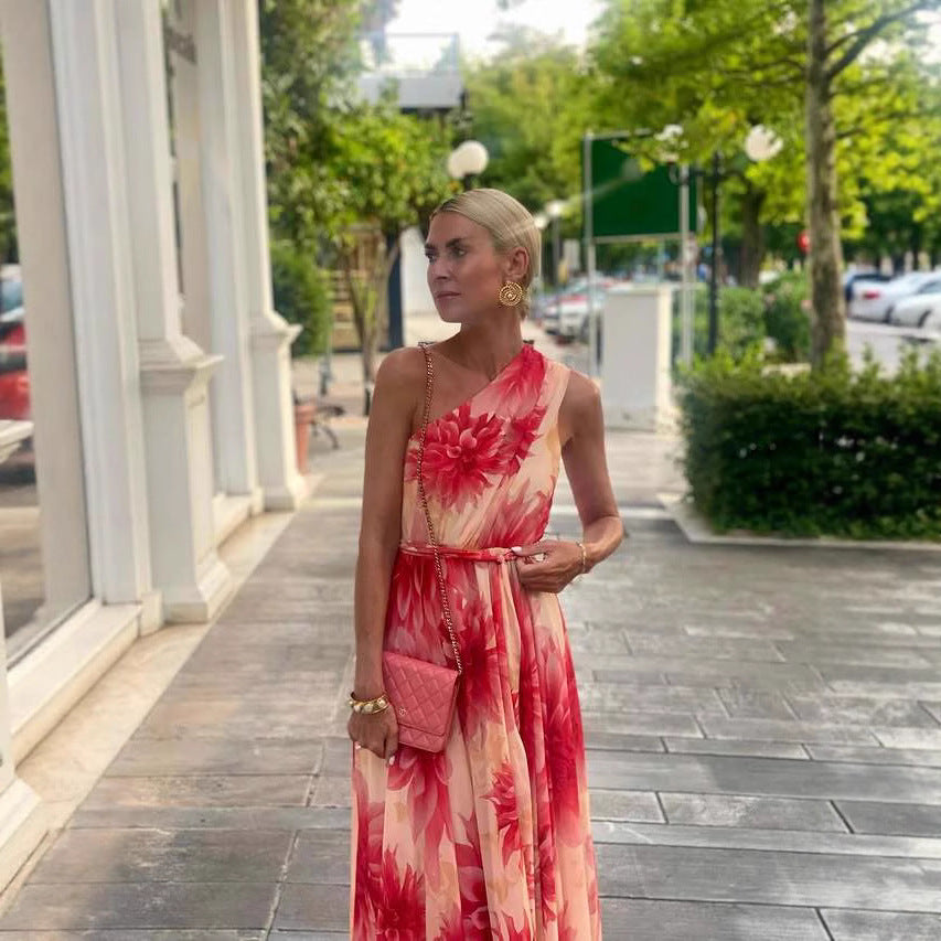 Vestido de verano con estampado de dobladillo ancho y cordones con cintura controlada para mujer
