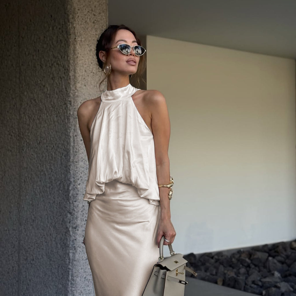 Satin Light Luxury Design Apricot Halter Lace up Backless Slim Fit Sleeveless Women Summer Dress