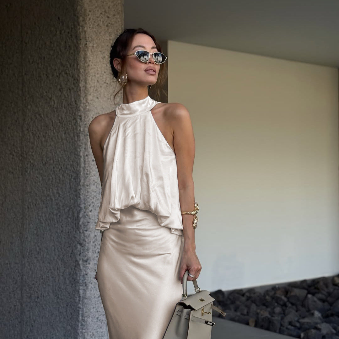 Satin Light Luxury Design Apricot Halter Lace up Backless Slim Fit Sleeveless Women Summer Dress