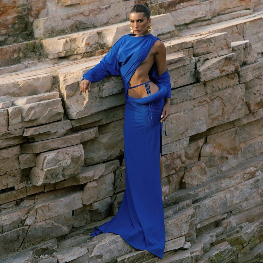 Vestido de otoño-invierno para mujer, sexy, de color liso, con escote redondo y manga larga.