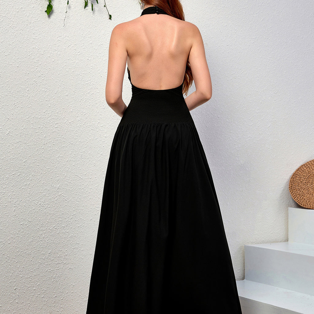 Robe longue élégante en maille dos nu, coupe ajustée et plissée, style trapèze