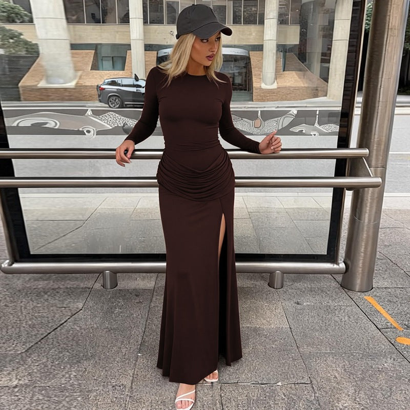 Robe Femme Automne à la Mode Couleur Unie Col Rond Manches Longues Plissée Fendue