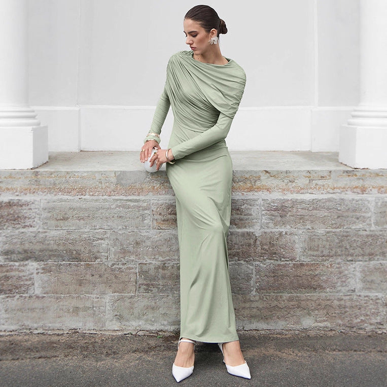 Vestido largo ajustado de punto de color liso y manga larga elegante para otoño e invierno, vestido de oficina con cuello asimétrico irregular para mujer