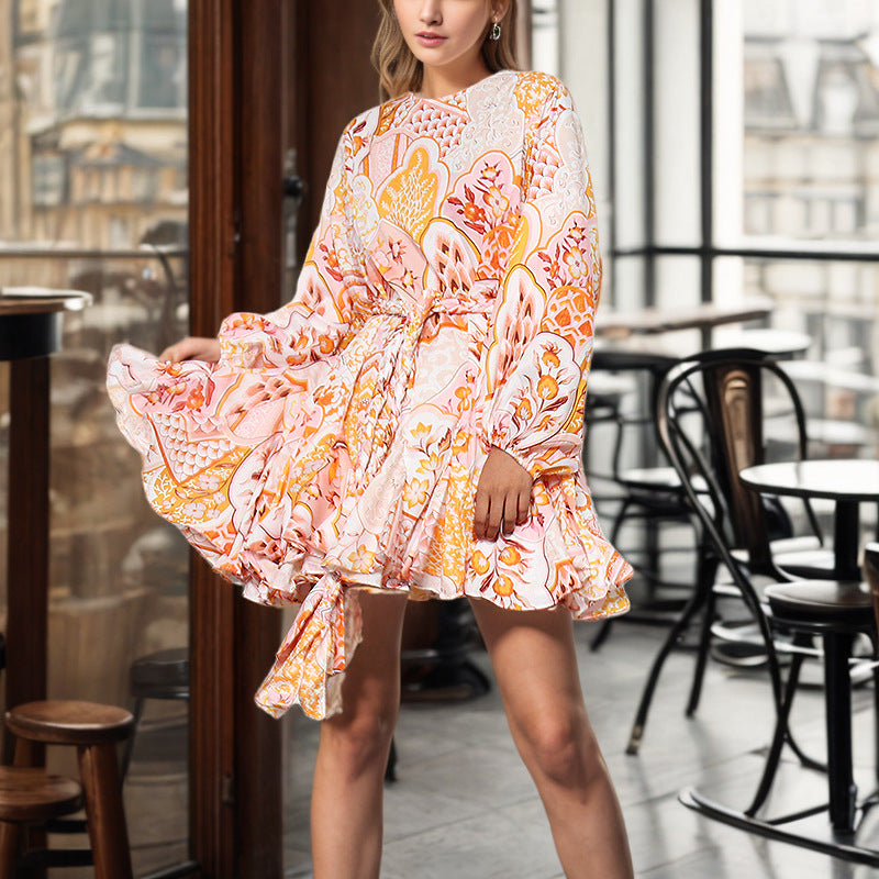 Robe courte à manches longues et taille lacée, amincissante, style vintage français, printemps, pour femme, coupe trapèze