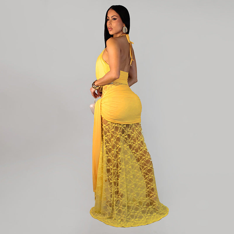 Women Clothing Summer Solid Color Lace Stitching Halter Swing Collar Slit Ribbon Maxi Dress
